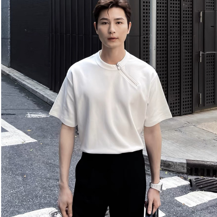 Áo Thun Nam BASIC Phối Zip Thời Trang, Chất Vải Cotton Co Giãn, Sang Trọng - SHINGHAI