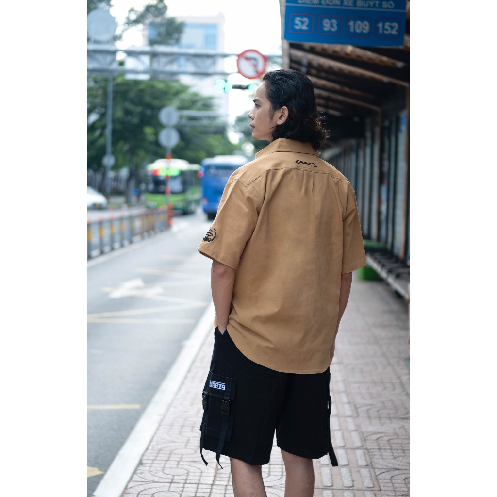 Áo Sơ Mi Nam Nữ Unisex Form To Oversized Kaki Hình Thêu Robot Grease & Crocodile Rogue