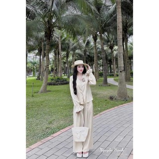Set bộ dài chất tuyết nhung cổ chữ V nút cườm đính hoa trước ngực tay dài bo tay bèo sang trọng thích hợp mọi buổi tiệc