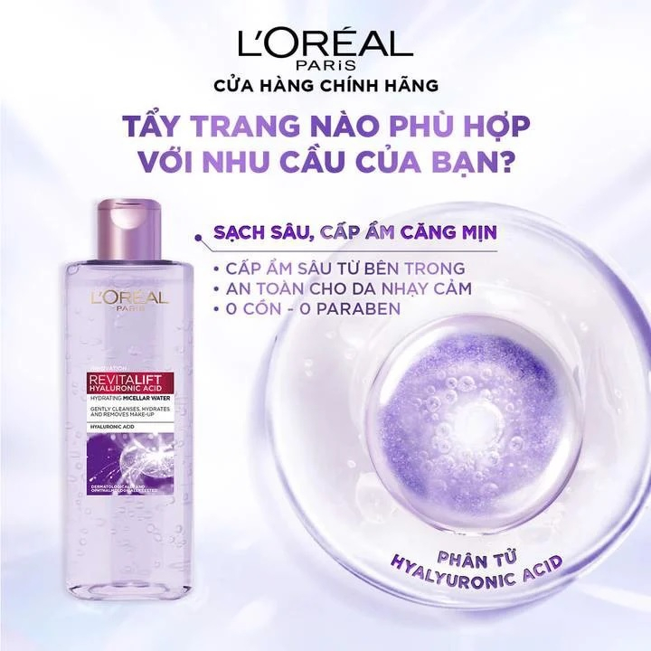 Nước Tẩy Trang Làm Sạch Cấp Ẩm Căng Mịn Da L'Oreal loreal Paris Revitalift Hyaluronic Acid 400ml