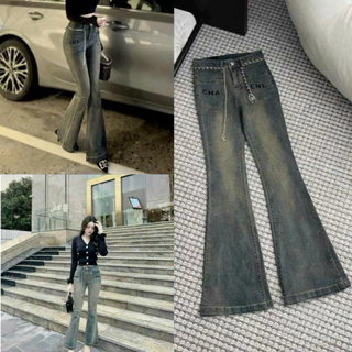 Quần jean Nữ ống Loe Lưng cao cạp cao thêu chữ Chaleo xinh xắn
