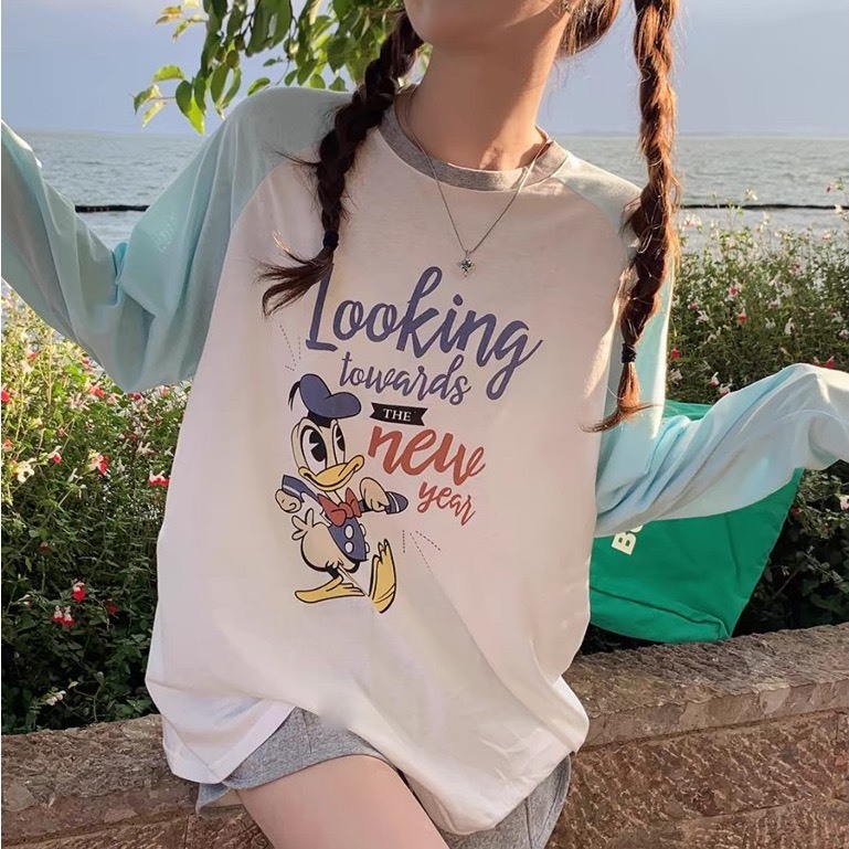 Áo dài tay phối màu Trắng Xám in hình JULY fashion2023, Áo thun nữ tay dài phối màu chất Cotton xược form rộng dáng dài
