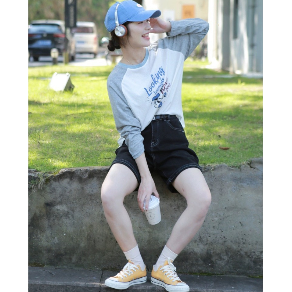 Áo dài tay phối màu Trắng Xám in hình JULY fashion2023, Áo thun nữ tay dài phối màu chất Cotton xược form rộng dáng dài