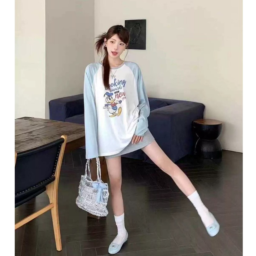 Áo dài tay phối màu Trắng Xám in hình JULY fashion2023, Áo thun nữ tay dài phối màu chất Cotton xược form rộng dáng dài