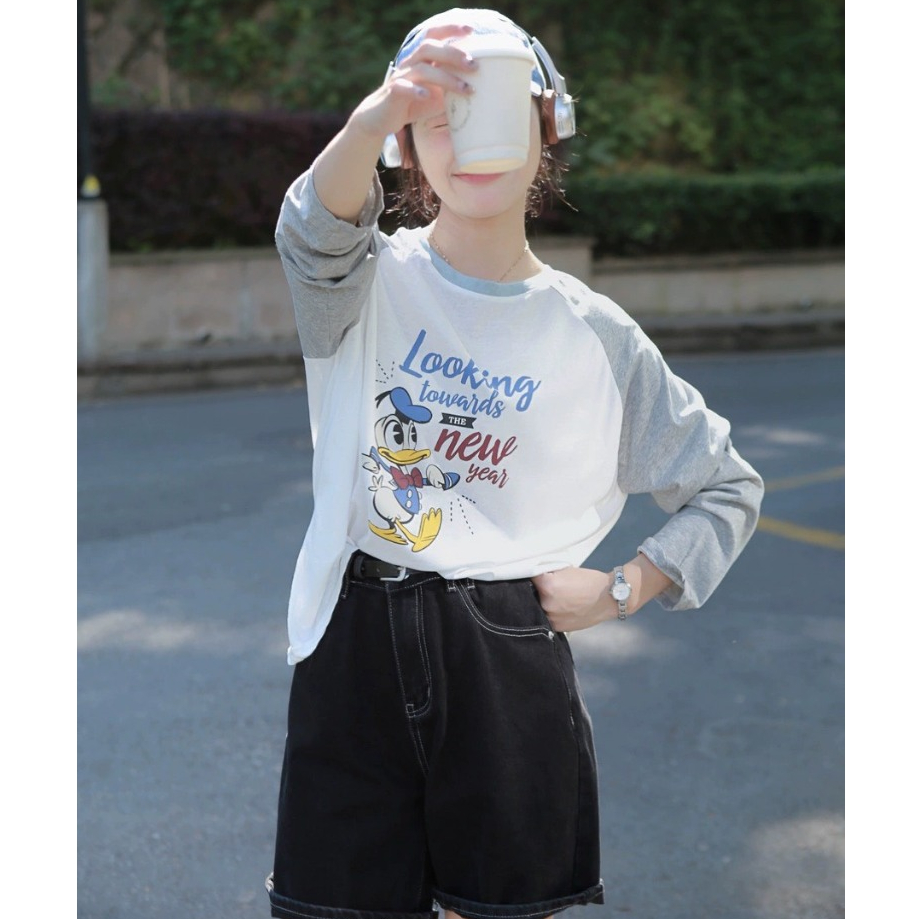 Áo dài tay phối màu Trắng Xám in hình JULY fashion2023, Áo thun nữ tay dài phối màu chất Cotton xược form rộng dáng dài