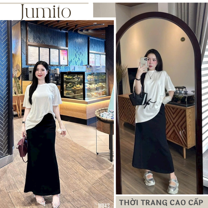 Set đồ nữ áo thun trắng cổ tròn mix chân váy đen nữ tính Jumito, đồ bộ nữ áo phông ngắn tay kèm chân váy xòe D1833