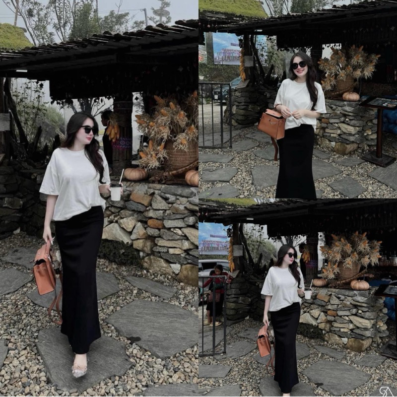 Set đồ nữ áo thun trắng cổ tròn mix chân váy đen nữ tính Jumito, đồ bộ nữ áo phông ngắn tay kèm chân váy xòe D1833
