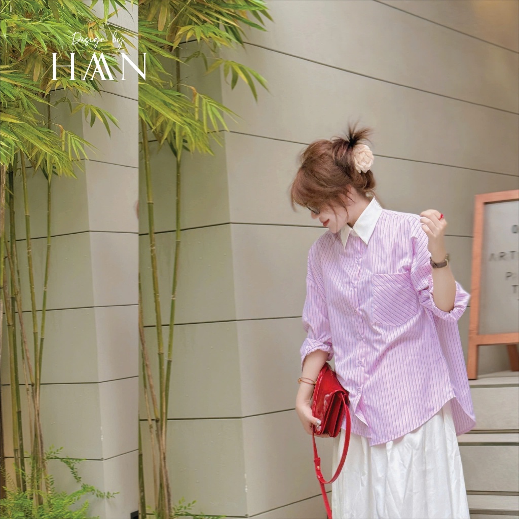 Áo Sơ Mi Nữ Công Sở Kẻ Dài Tay Dáng Rộng Phối Cổ Trắng Chất Mềm Không Nhăn Màu Hồng Xanh FREESIZE SM41