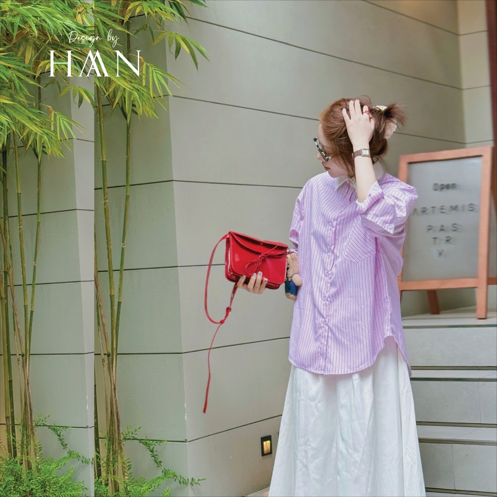 Áo Sơ Mi Nữ Công Sở Kẻ Dài Tay Dáng Rộng Phối Cổ Trắng Chất Mềm Không Nhăn Màu Hồng Xanh FREESIZE SM41