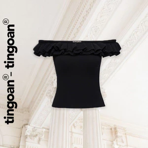 TINGOAN® - Áo len xù đen trễ vai phối hai bèo XING XING TOP/BL