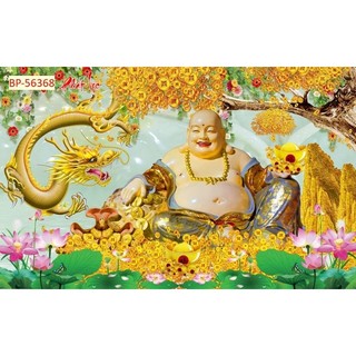 Tranh dán tường thần tài di lặc, tranh kim tien, tranh 3D dán tường in trên chất liệu vải lụa (shop tặng kèm keo dán)