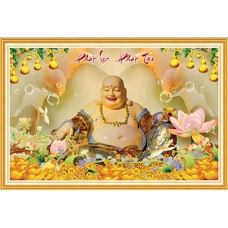 Tranh dán tường thần tài di lặc, tranh kim tien, tranh 3D dán tường in trên chất liệu vải lụa (shop tặng kèm keo dán)