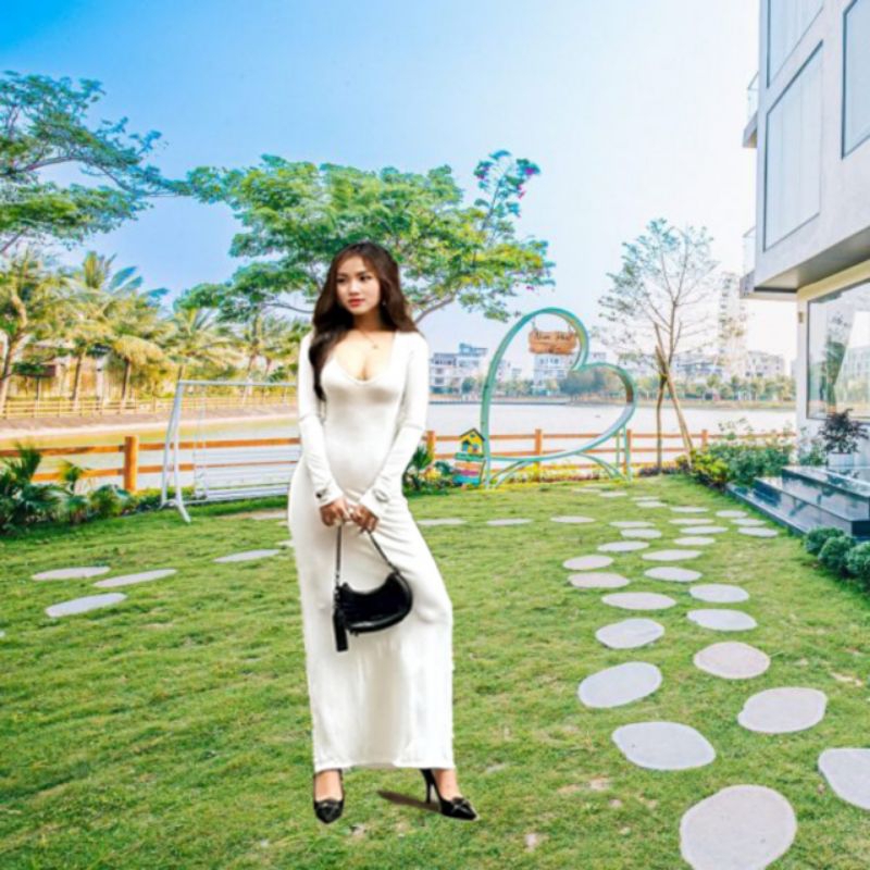 Đầm Cổ Tim Dài Tay Khoét Ngực Sâu,Váy Cổ V Tay Dài Co Giãn