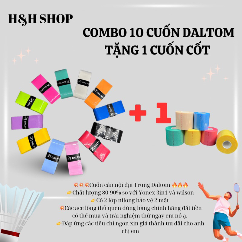 combo 10 quấn daltom tặng kèm 1 cốt 7x10.quấn cán vợt cầu lông ,tennis,pickleball