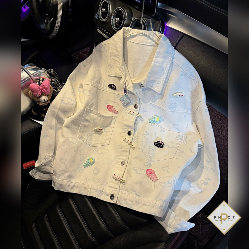 Áo Khoác Jean Trắng Đính Sticker L1 (Sẵn Ship) | Shopee Việt Nam