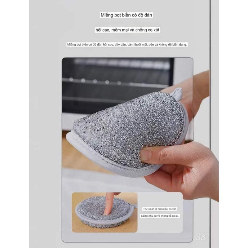 Set 3 miếng bọt biển kèm Cọ rửa xoong nồi không rỉ, búi sắt đánh xoong siêu bền vệ sinh sạch sẽ