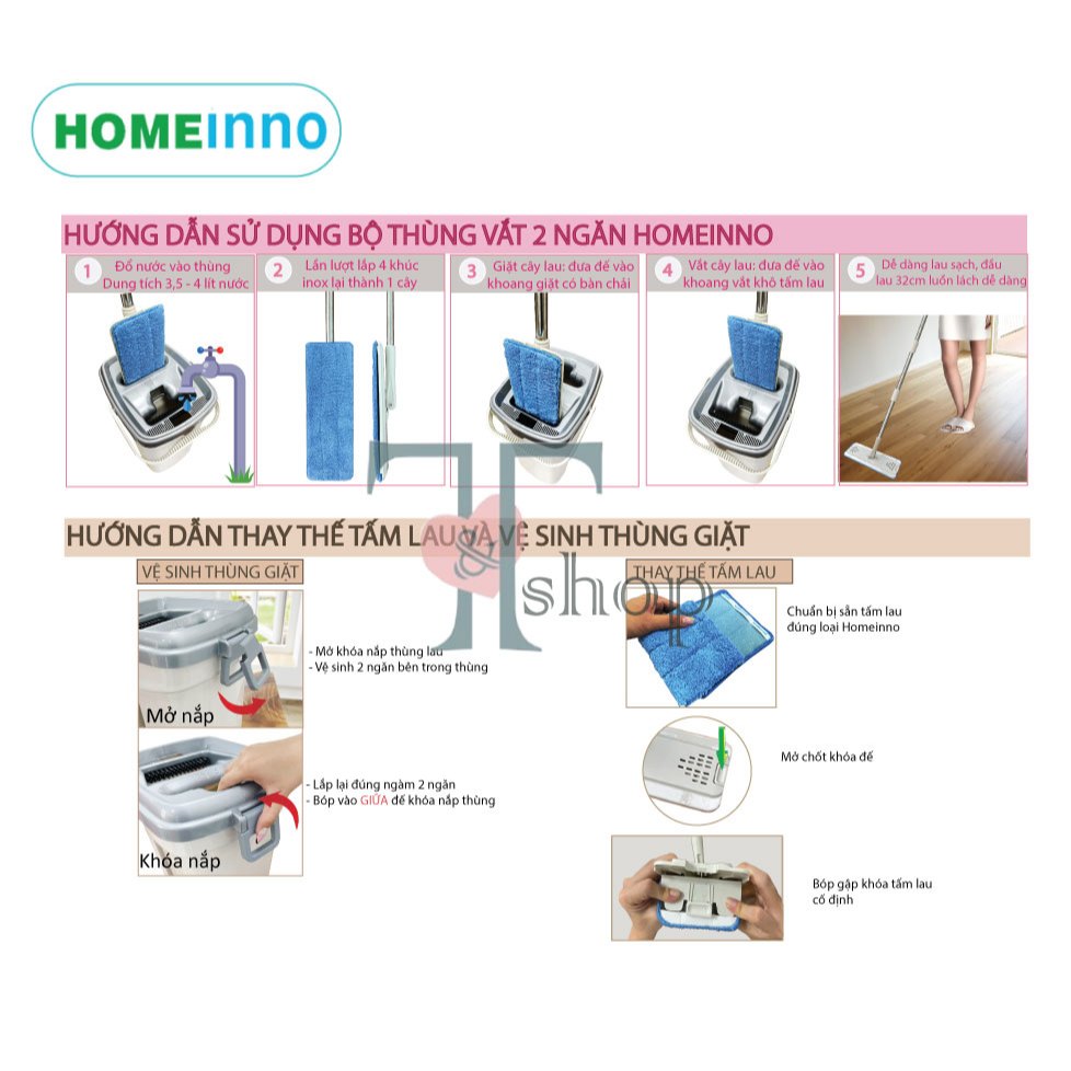 Bộ Cây Lau Nhà Tự Vắt Xả Thông Minh Có Thùng 2 Ngăn Homeinno Bảng Lau Chữ Nhật 32cm Cán140cm