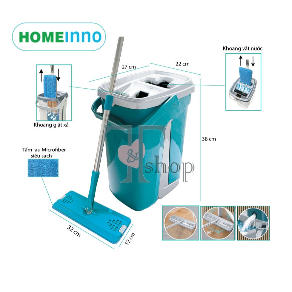Bộ Cây Lau Nhà Tự Vắt Xả Thông Minh Có Thùng 2 Ngăn Homeinno Bảng Lau Chữ Nhật 32cm Cán140cm