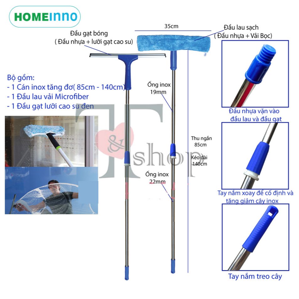 Cây Lau Kính, Gạt Kính Đa Năng Cán Tăng Đơ Thu Ngắn 90cm Dài Ra 1m4 Homeinno (2 Đầu Rời/Đầu 2 Trong 1)