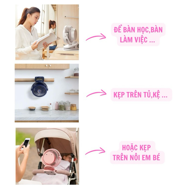 Quạt tích điện mini để bàn, Quạt kẹp bàn, Kẹp Xe Đẩy xoay 360 độ pin sạc Anhlinh