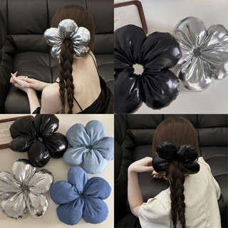 Dây Buộc Tóc Màu Bạc Hình Hoa To Đại Bằng Da Dây Scrunchies Hoa Phong Cách Nữ Tính Hàn Quốc
