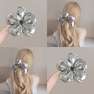 Dây Buộc Tóc Màu Bạc Hình Hoa To Đại Bằng Da Dây Scrunchies Hoa Phong Cách Nữ Tính Hàn Quốc