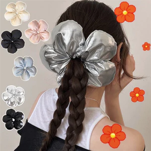 Dây Buộc Tóc Màu Bạc Hình Hoa To Đại Bằng Da Dây Scrunchies Hoa Phong Cách Nữ Tính Hàn Quốc