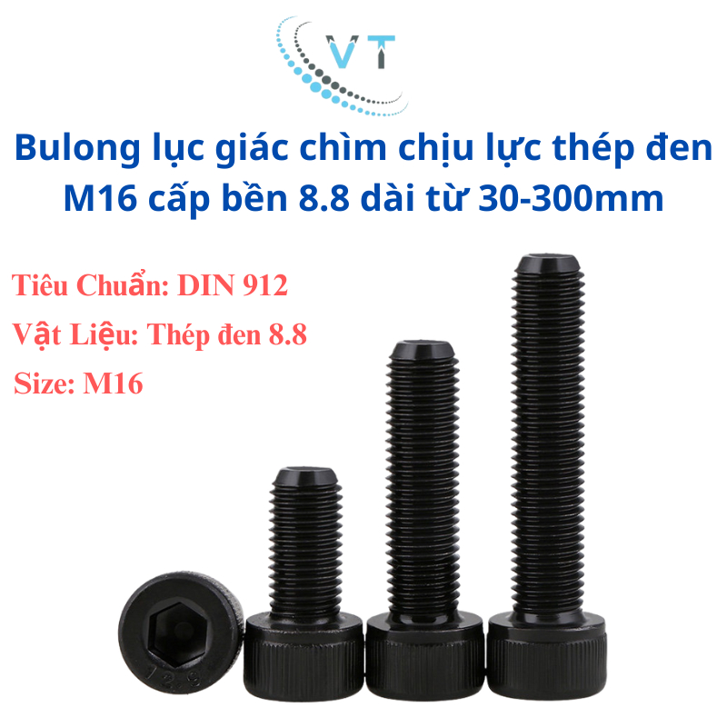 Bulong lục giác chìm chịu lực thép đen M16 cấp bền 12.9 dài từ 30-160mm
