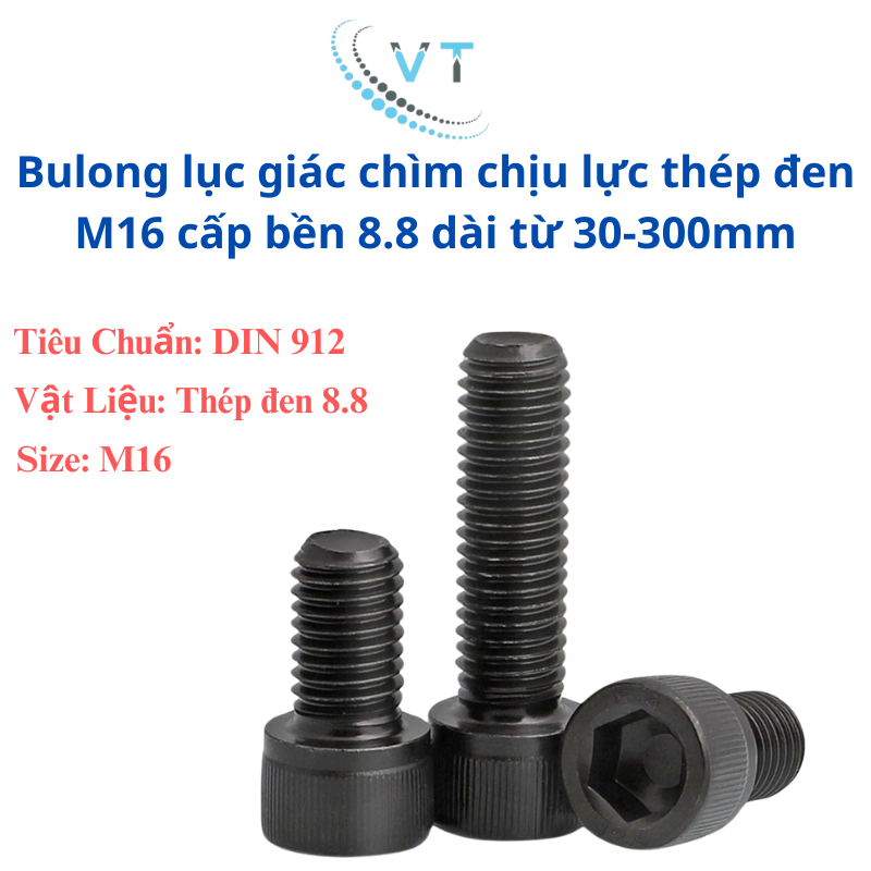 Bulong lục giác chìm chịu lực thép đen M16 cấp bền 12.9 dài từ 30-160mm