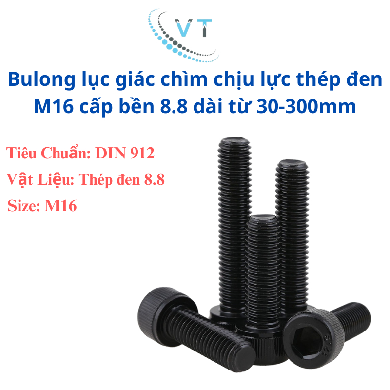 Bulong lục giác chìm chịu lực thép đen M16 cấp bền 12.9 dài từ 30-160mm
