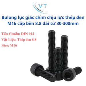 Bulong lục giác chìm chịu lực thép đen M16 cấp bền 12.9 dài từ 30-160mm