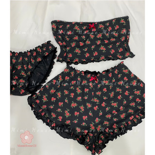 Đồ ngủ áo tube quần bèo chất liệu cotton mềm mịn hoa đen