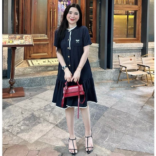 Váy Kẻ Đuôi Cá Cổ Tàu Viền Ren Thêu Nơ, Váy Bầu Dáng Suông Phối Màu Sang Chảnh, Thời Trang Nữ hottrend