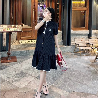 Váy Kẻ Đuôi Cá Cổ Tàu Viền Ren Thêu Nơ, Váy Bầu Dáng Suông Phối Màu Sang Chảnh, Thời Trang Nữ hottrend