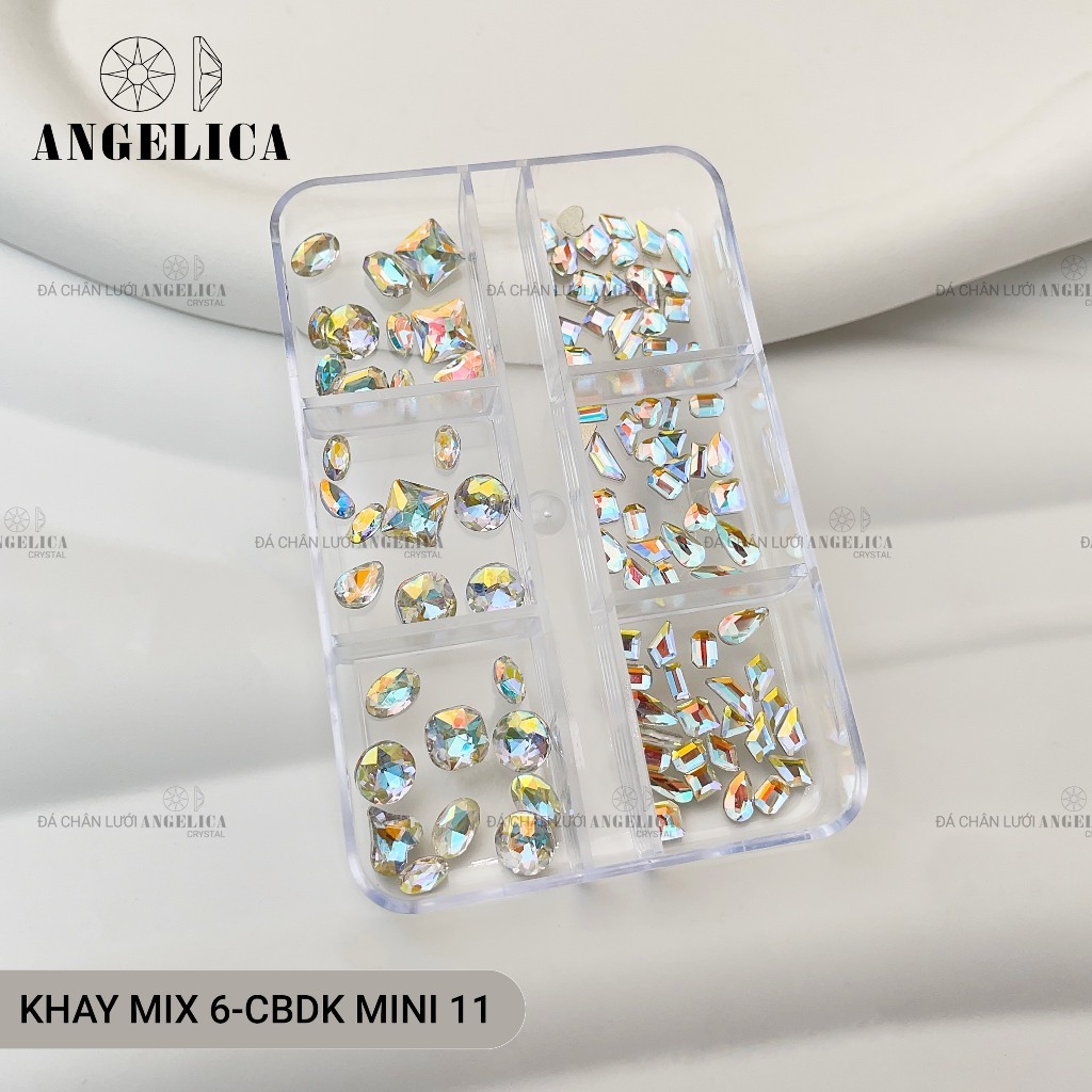 Khay 6 ô chân bằng đá khối nail chỉ size mini đá nhỏ chân vàng trang trí móng ANGELICA CBDKMN