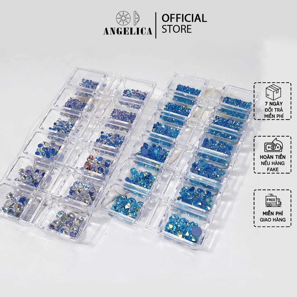 Khay đá nail Luxury chân lưới 16 khía đủ màu cao cấp mix size đá đính trang trí móng ANGELICA LUX