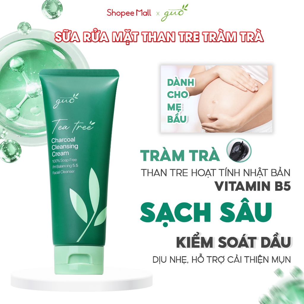 Ảnh Sữa Rửa Mặt Than Tre Tràm Trà An Toàn Cho Bà Bầu pH 5.5, Không Sulfate, Kiềm Dầu, Ngừa Mụn Hiệu Quả GUO 100g 2