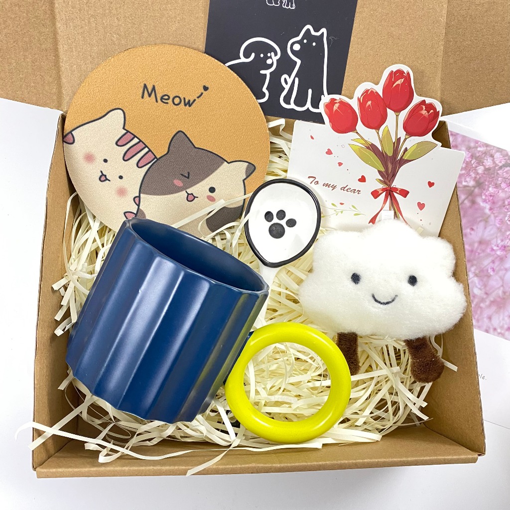 Set Quà Tặng Cốc Sứ Sọc Trơn Đơn Giản Kèm Lót Ly, Gấu, Thiệp Sinh Nhật, Phụ Kiện Xinh Xắn Đáng Yêu