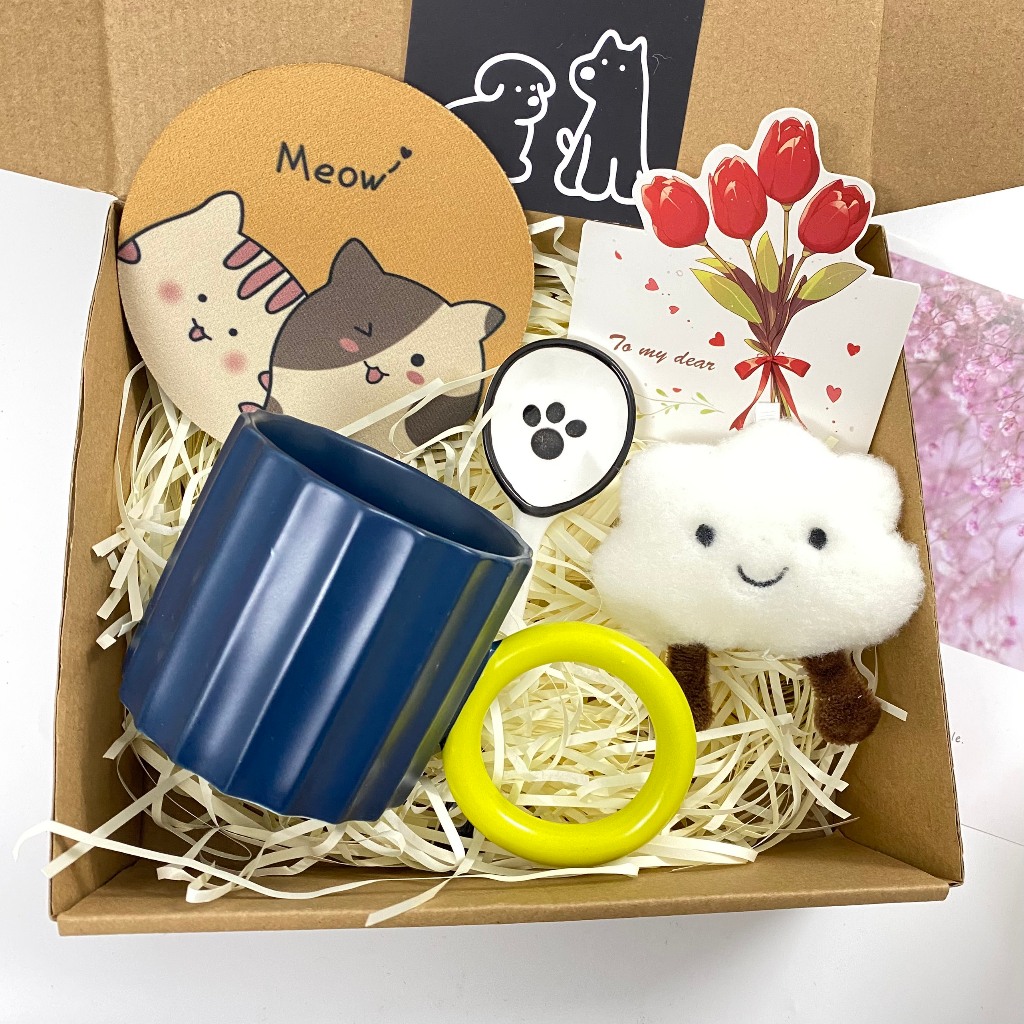 Set Quà Tặng Cốc Sứ Sọc Trơn Đơn Giản Kèm Lót Ly, Gấu, Thiệp Sinh Nhật, Phụ Kiện Xinh Xắn Đáng Yêu