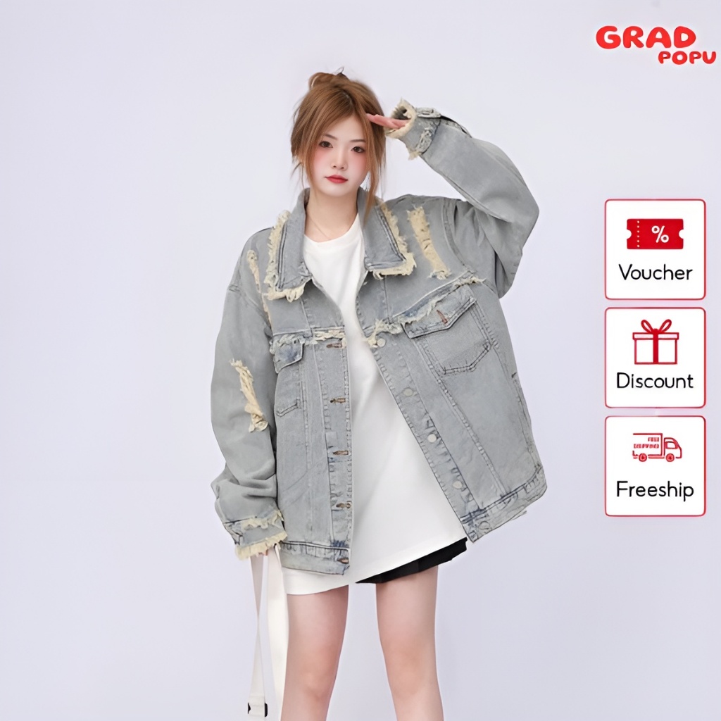 Áo khoác jean nữ GRADPOPU PPAK06 oversize kiểu rách tua rua cá tính, áo khoác ngoài dáng rộng phong cách retro Mỹ