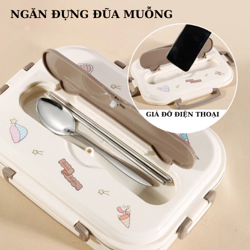 Hộp đựng cơm inox giữ nhiệt Uchan 3 ngăn 4 ngăn tặng đũa thìa Khay đựng cơm văn phòng SP07-2 gấu