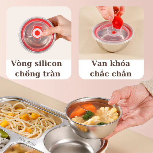 Hộp đựng cơm inox giữ nhiệt Uchan 3 ngăn 4 ngăn tặng đũa thìa Khay đựng cơm văn phòng SP07-2 gấu