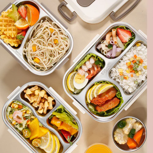 Hộp đựng cơm inox giữ nhiệt Uchan 3 ngăn 4 ngăn tặng đũa thìa Khay đựng cơm văn phòng SP07-2 gấu