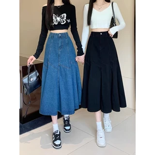 Chân váy jeans nữ dáng dài xoè cạp cao tôn dáng, chân váy bò nữ xanh đen hottrend VIOLE C86