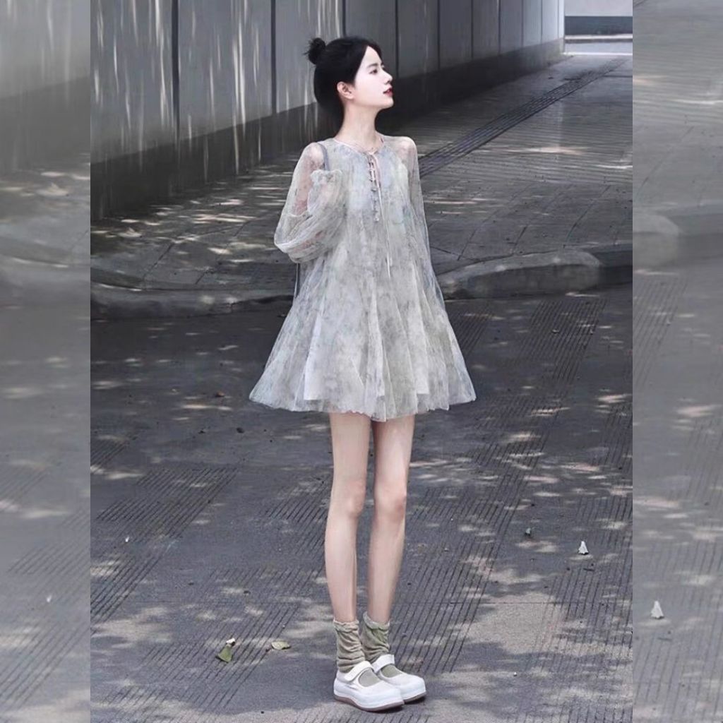 Đầm voan hoa nhí tay bồng, đầm babydoll tay bồng váy tơ tay phồng VHN702