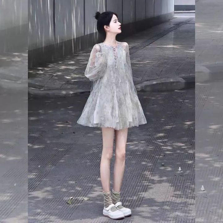 Đầm voan hoa nhí tay bồng, đầm babydoll tay bồng váy tơ tay phồng VHN702