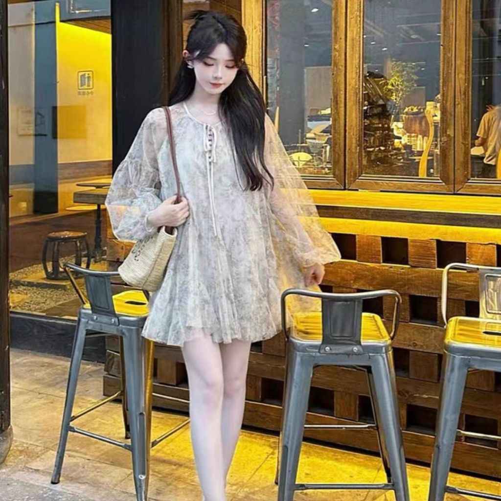 Đầm voan hoa nhí tay bồng, đầm babydoll tay bồng váy tơ tay phồng VHN702