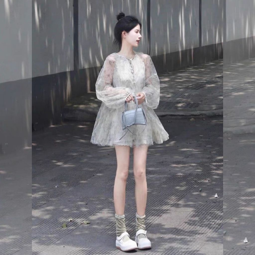 Đầm voan hoa nhí tay bồng, đầm babydoll tay bồng váy tơ tay phồng VHN702