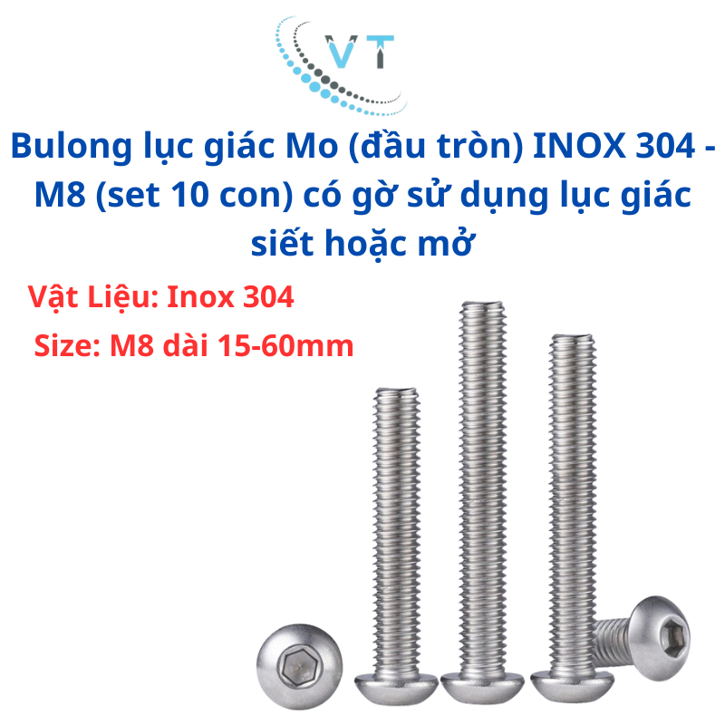 Bulong lục giác Mo (đầu tròn) INOX 304 - M8 (set 10 con) có gờ sử dụng lục giác siết hoặc mở