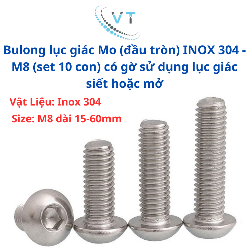 Bulong lục giác Mo (đầu tròn) INOX 304 - M8 (set 10 con) có gờ sử dụng lục giác siết hoặc mở